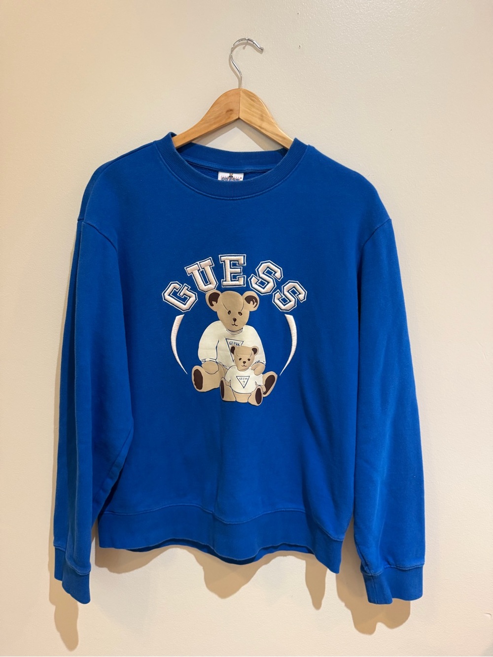 GUESS Royal Blue Bear Logo Crewneck Sweater retro classic Size medium - Picture 2 of 8